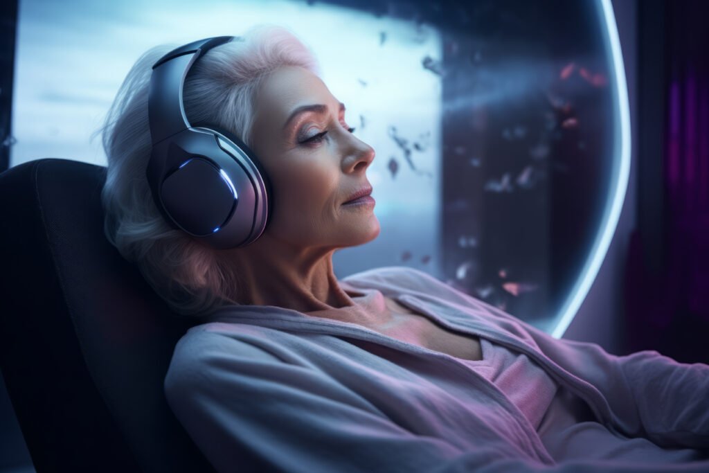 Uma pessoa futurista a ouvir música com fones de ouvido ultra modernos, cuidando da saúde mental.